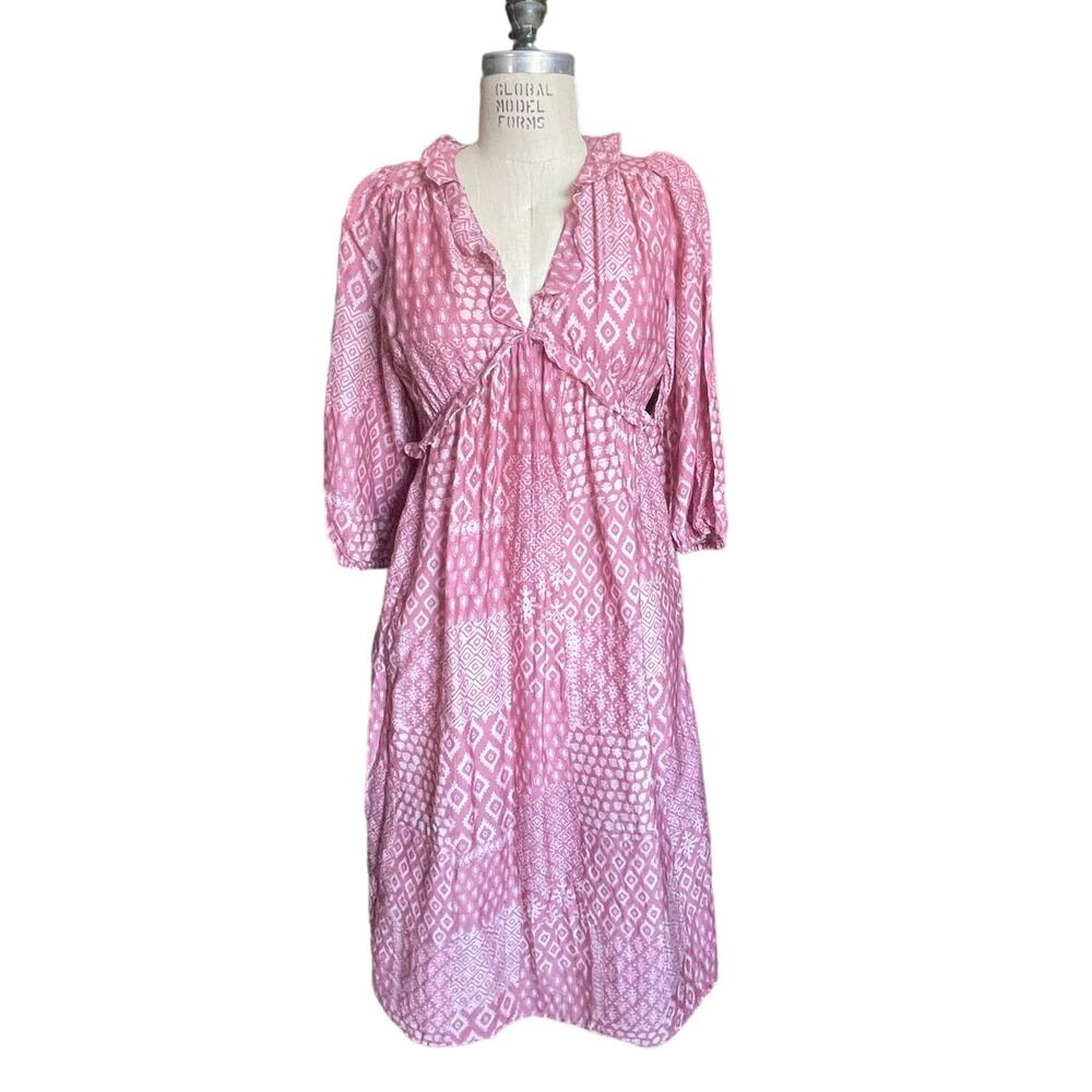 XiRena Midi Ruffled Cotton & Silk Dress in Pink & White Size XS X-Small